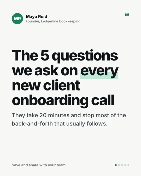 Onboarding questions sample carousel, slide 1 of 5